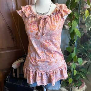 Y2K Old Navy Pink Orange Floral Ruffle Peplum Sleeveless Blouse Top Sz Large